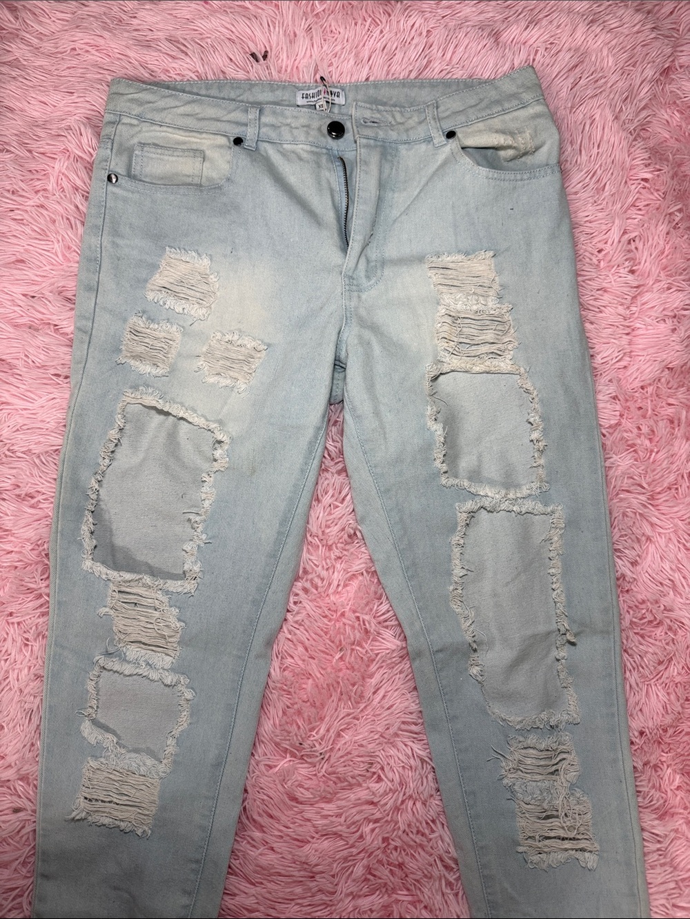 Fashion Nova Slim Straight Ripped Jeans - Light Blue